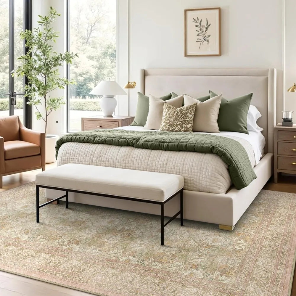 8x10 Washable Floral Area Rug with Non-Slip Underlay for Living Spaces and Bedrooms, Suitable for Home Decor with Low Pile