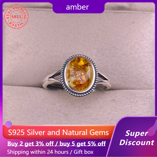 925 Silver Amber Man Ring Natural Amber Jewelry, Organic Gemstone with Inclusions, Handmade Vintage Resin Fossil Ring for Women