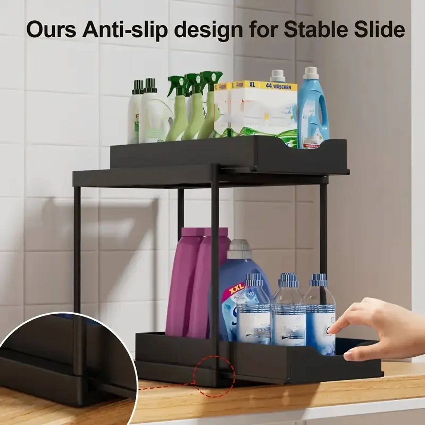 Double-Layer Pull-Out Kitchen Storage Rack, Non-Slip, Stable, Multi-Functional Storage Box with Five Hooks, under Sink Brush, Double-Layer Drawer Storage Rack, Suitable for Kitchen and Bathroom Countertop Sink Storage