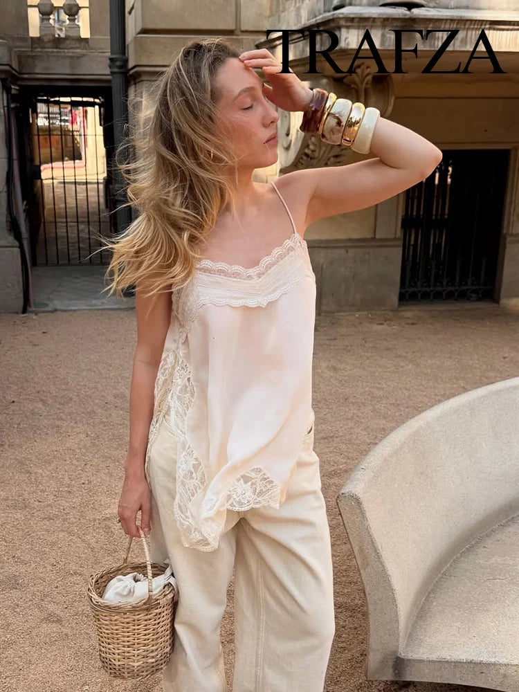 HH Female 2025 Summer Fashion V-neck Lace Spliced Split Sling Top Women Chic Sexy Backless Party Style Casual Camisole Top