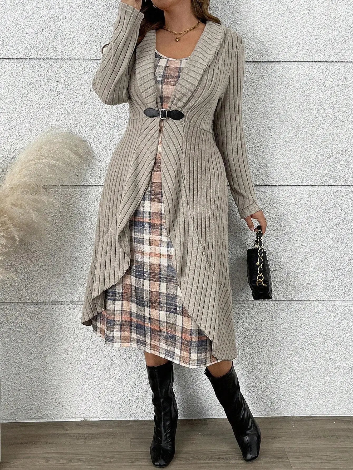 Woman's Fashion Knitted Cardigan Dress Checkered Print Sleeveless Sling Midi Skirt Ladies Autumn Winter Comfort Loose Vestidos