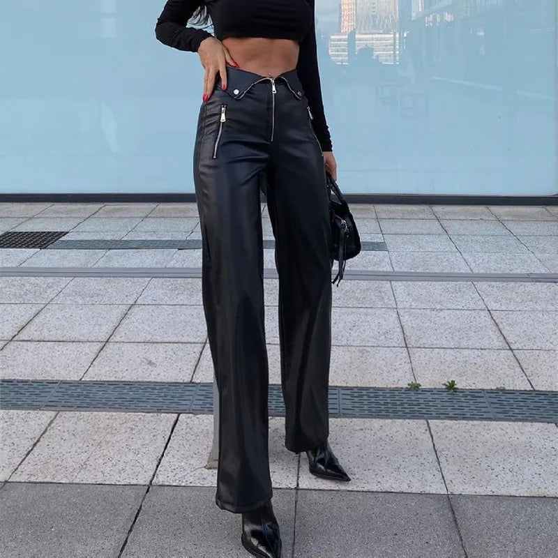 WhereMery Y2K Fashion Leather Pant Women High Waist Sexy Zipper Straight Slim Trousere 2024 Streetwear Gothic Chic Black Pants