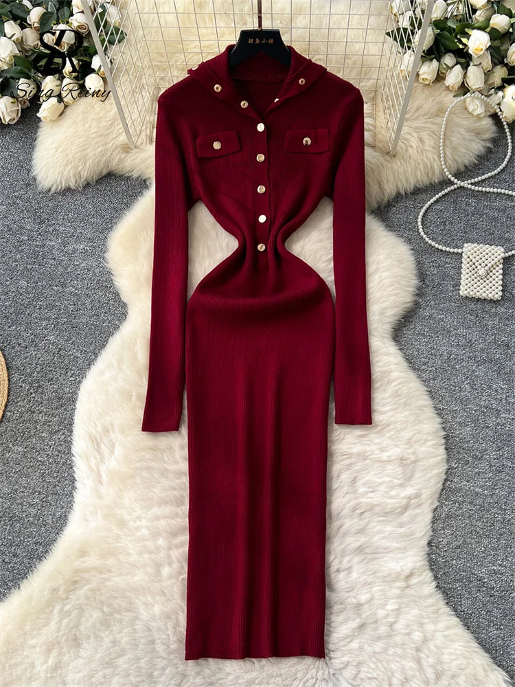 SINGREINY Fashion Elegant Knit Long Dress Women Lapel Neck Metal Buttons Chic High Quality Autumn Office Lady Slim Sweater Dress