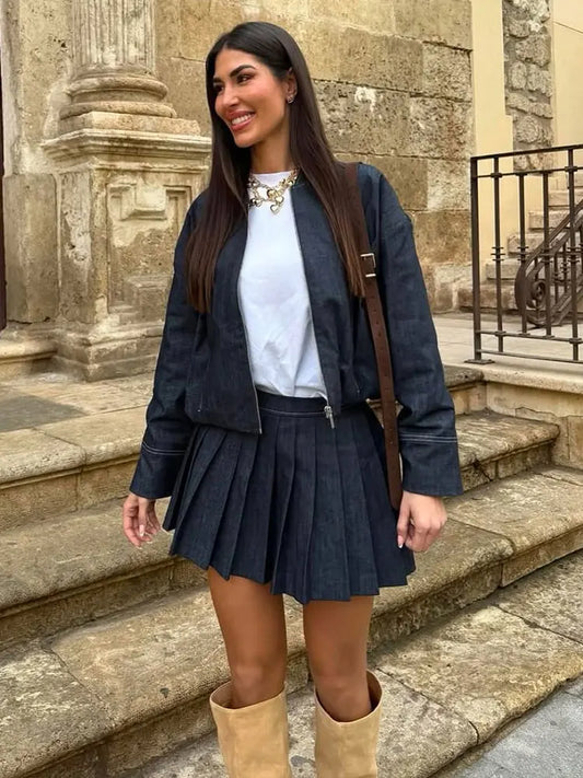 HH Women Fashion Denim Jacket Skirts Sets O Neck Long Sleeve Zipper Coat High Waist Slim Mini Skirt Casual Female Streetwear