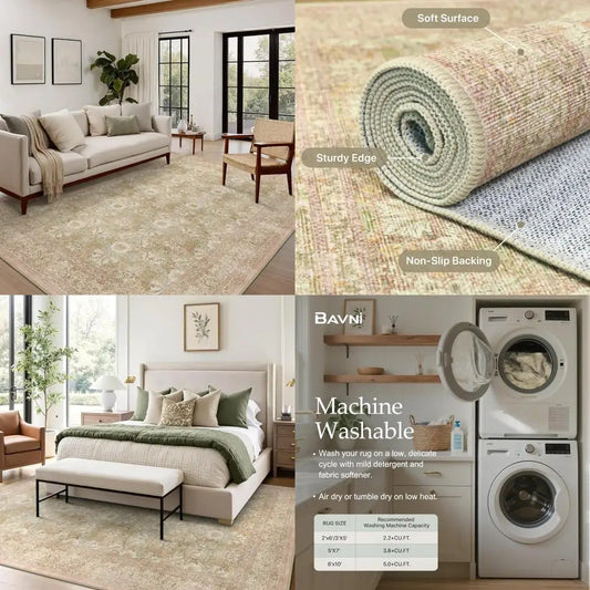 8x10 Washable Floral Area Rug with Non-Slip Underlay for Living Spaces and Bedrooms, Suitable for Home Decor with Low Pile