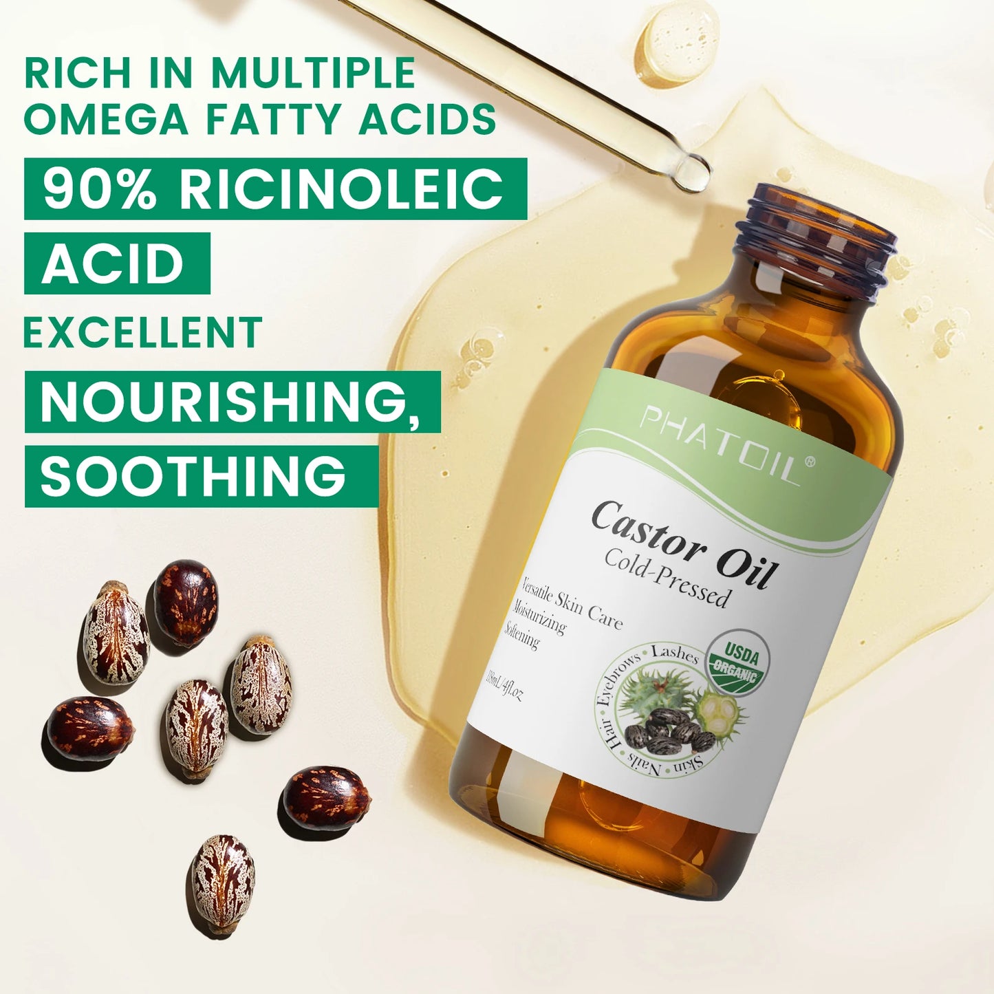 PHATOIL 118ml/236ml Organic Castor Oil 100% Pure and Natural Cold Pressed Castor Oil for Hair Growth, Eyelashes and Eyebrows