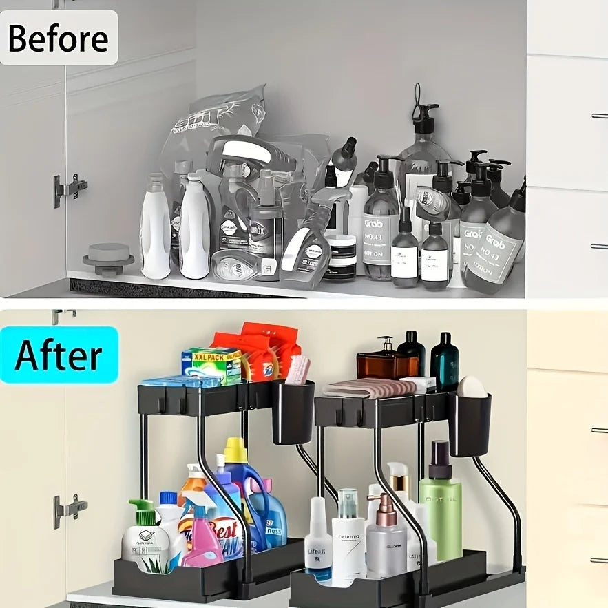 Space Saving 2 Tier Pull Out Storage Box Durable Large Capacity Kitchen Bathroom Essential Drawer Organizer bathroom accessories