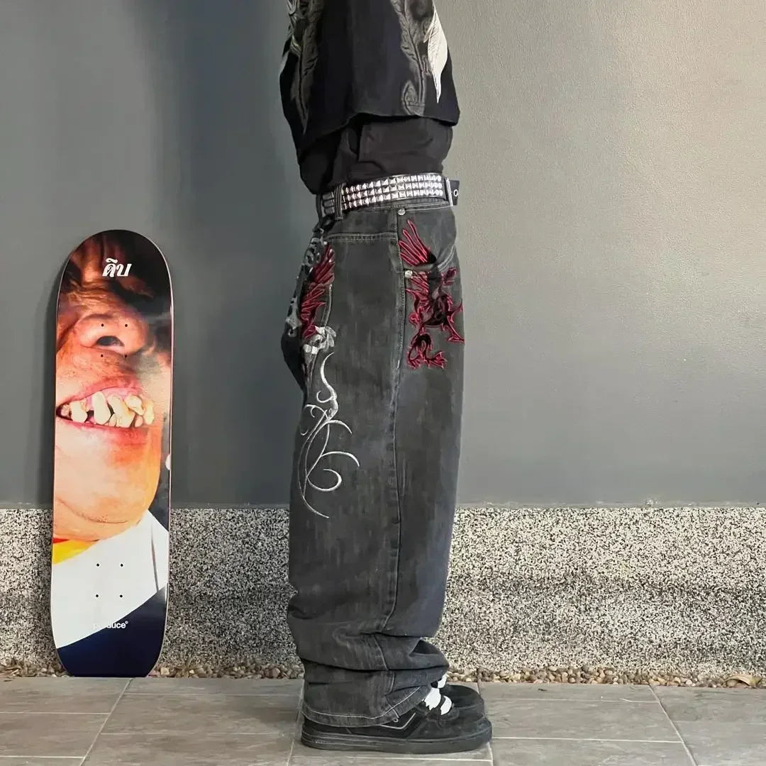 2024 Retro Street Hip Hop Casual Y2k New Women's Harajuku Fashion Embroidery Pattern Denim Trousers Straight Wide leg Pants Men