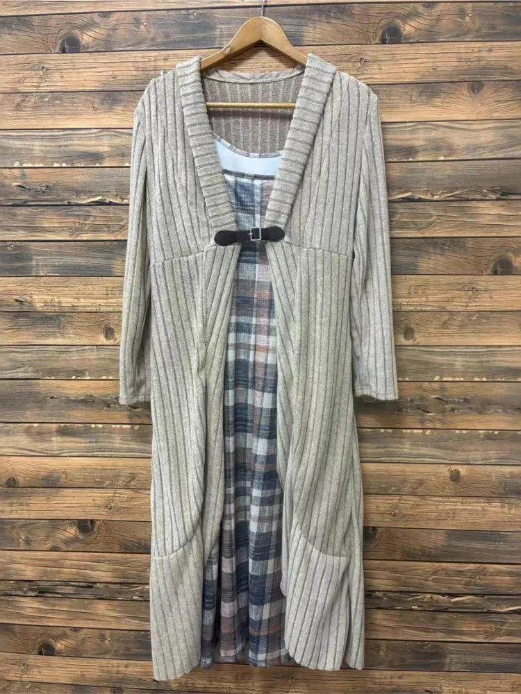 Woman's Fashion Knitted Cardigan Dress Checkered Print Sleeveless Sling Midi Skirt Ladies Autumn Winter Comfort Loose Vestidos