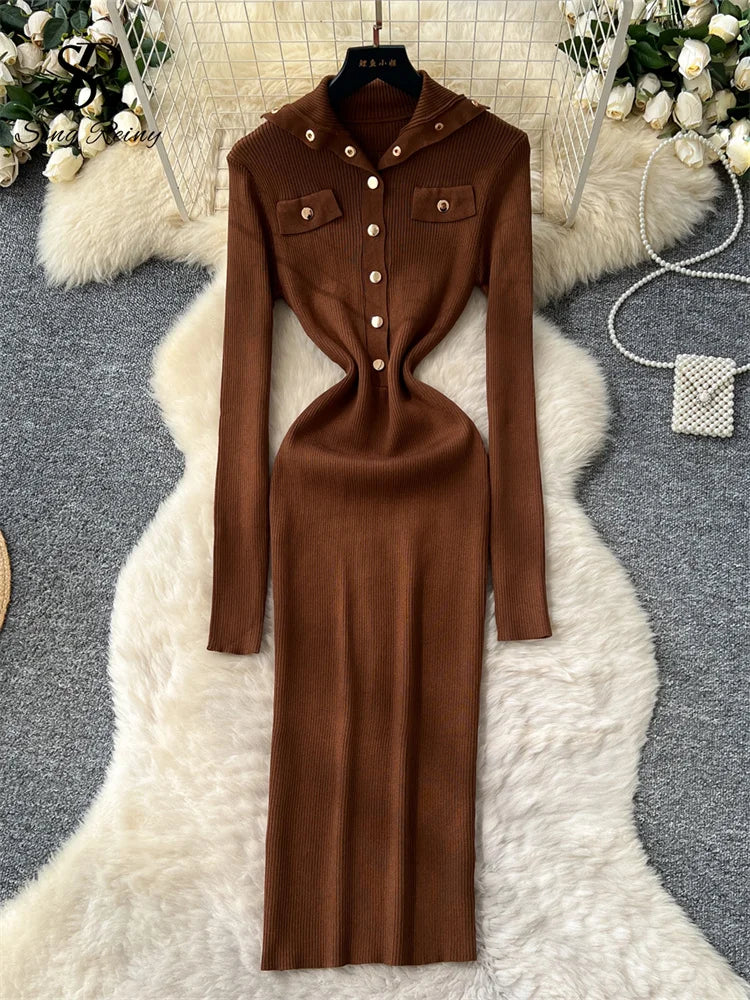 SINGREINY Fashion Elegant Knit Long Dress Women Lapel Neck Metal Buttons Chic High Quality Autumn Office Lady Slim Sweater Dress