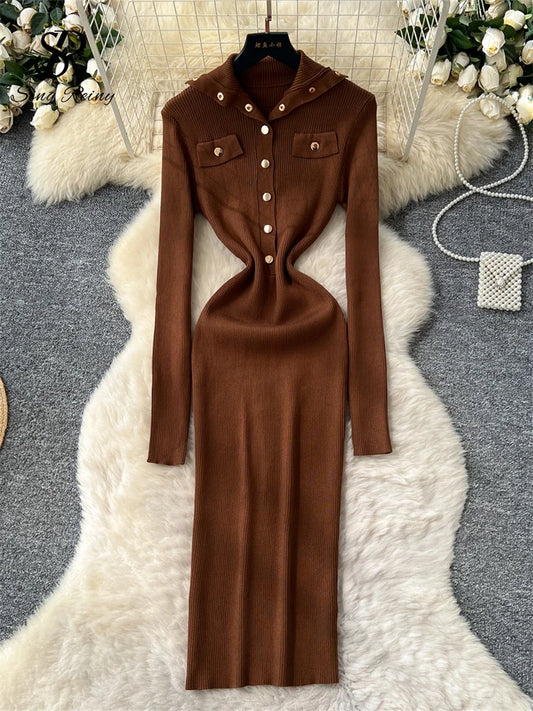 SINGREINY Fashion Elegant Knit Long Dress Women Lapel Neck Metal Buttons Chic High Quality Autumn Office Lady Slim Sweater Dress