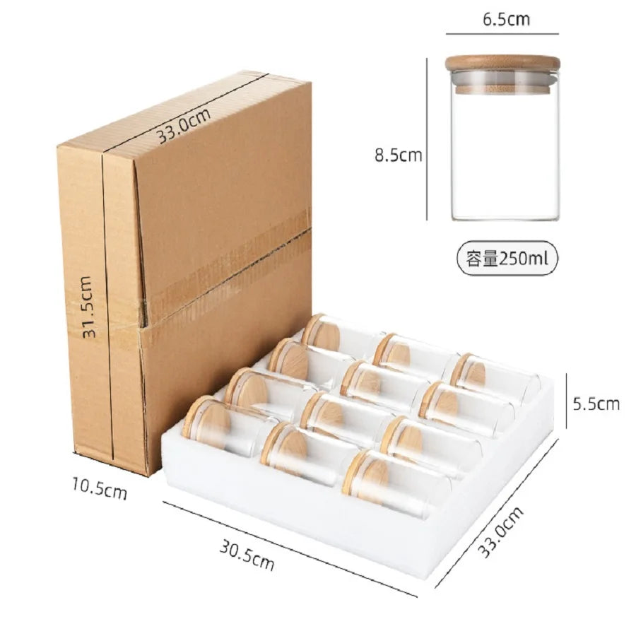 12pcs/set Airtight Glass Storage Jar with Bamboo Lid for Tea,Coffee,Sugar Portable and Transparent Container for Home Kitchen
