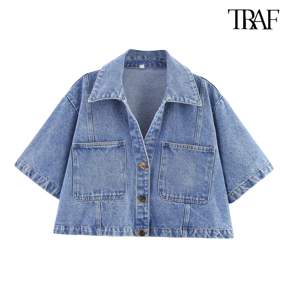 TRAF Women's Short Lapel Denim Shirt + Irregular Fashion Short Skirt Pants Vintage Casual Denim Suit Commuter High Street Suit