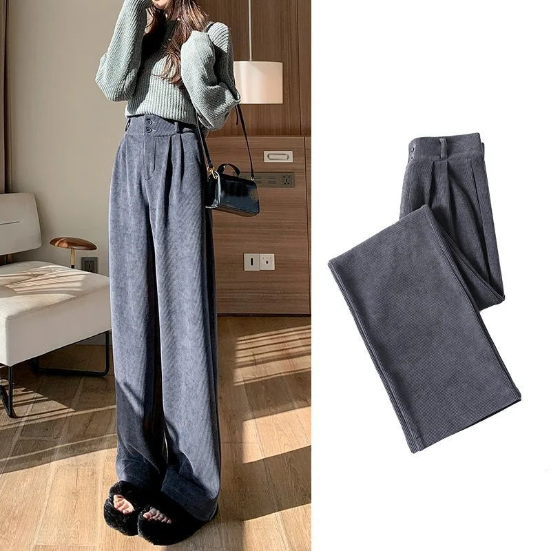Ins Trendy Women Korean High Street Wide Leg Trouser Autumn/winter Thick Warm Women's Pant Fashion Corduroy Loose Button Trouser
