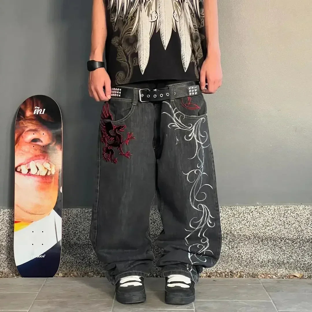 2024 Retro Street Hip Hop Casual Y2k New Women's Harajuku Fashion Embroidery Pattern Denim Trousers Straight Wide leg Pants Men