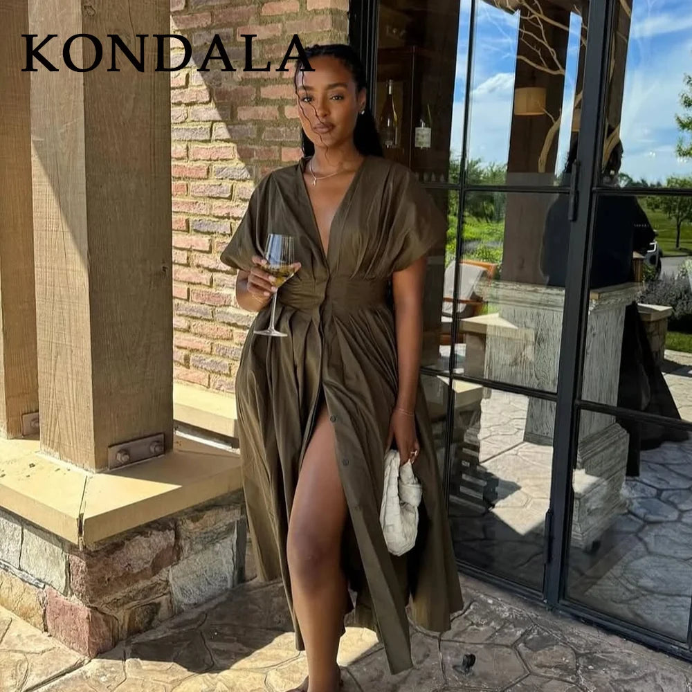 KONDALA 2025 Fall Winter Vintage Women Dresses Fashion Single Breasted Sashes Draped V Neck Sleeveless Chic Brown Ladies Dresses