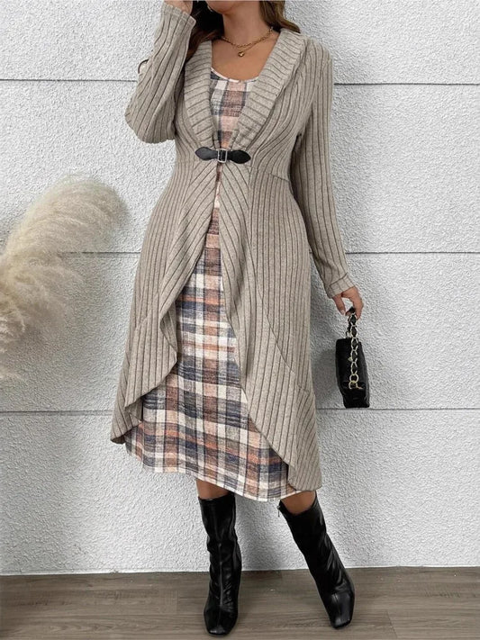 Woman's Fashion Knitted Cardigan Dress Checkered Print Sleeveless Sling Midi Skirt Ladies Autumn Winter Comfort Loose Vestidos