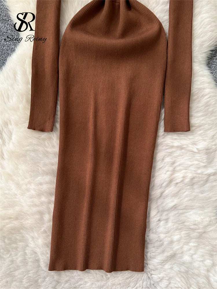 SINGREINY Fashion Elegant Knit Long Dress Women Lapel Neck Metal Buttons Chic High Quality Autumn Office Lady Slim Sweater Dress