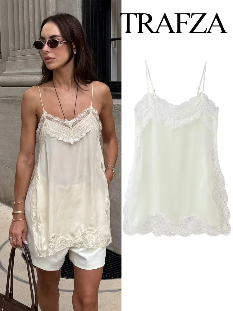 HH Female 2025 Summer Fashion V-neck Lace Spliced Split Sling Top Women Chic Sexy Backless Party Style Casual Camisole Top