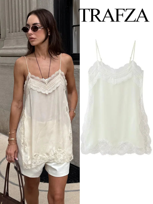 HH Female 2025 Summer Fashion V-neck Lace Spliced Split Sling Top Women Chic Sexy Backless Party Style Casual Camisole Top
