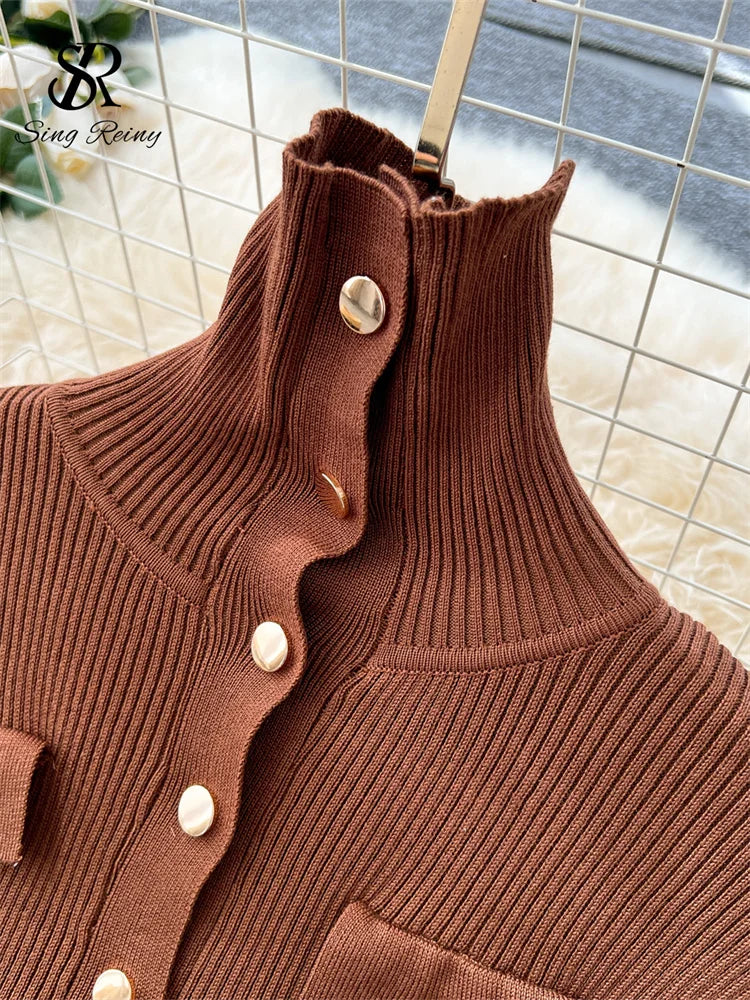 SINGREINY Fashion Elegant Knit Long Dress Women Lapel Neck Metal Buttons Chic High Quality Autumn Office Lady Slim Sweater Dress
