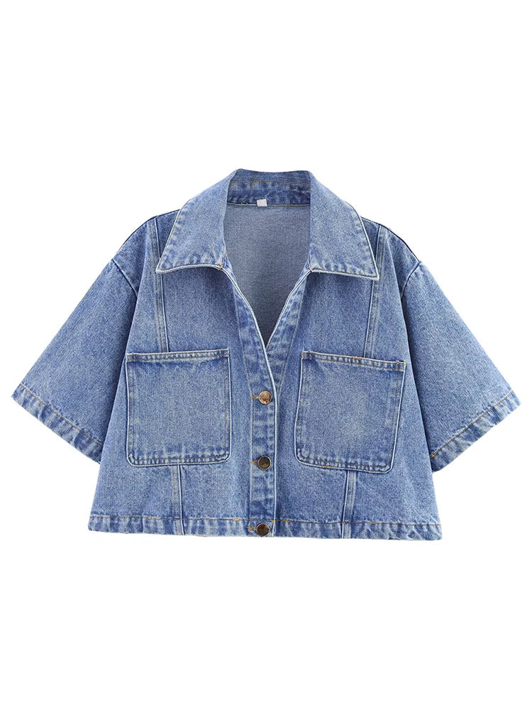 TRAF Women's Short Lapel Denim Shirt + Irregular Fashion Short Skirt Pants Vintage Casual Denim Suit Commuter High Street Suit