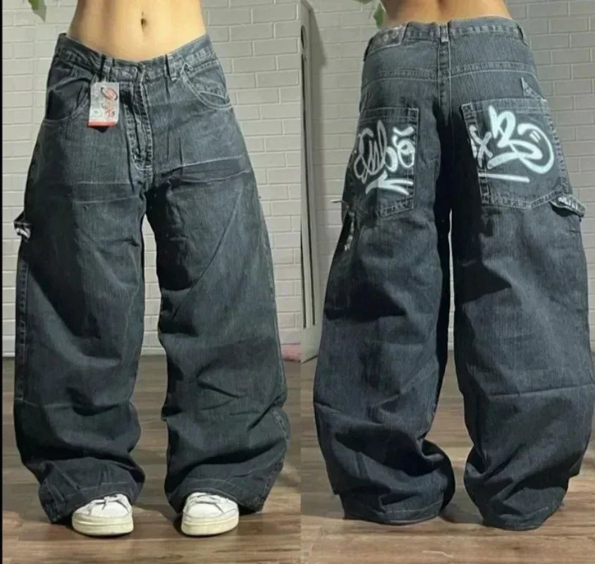 2024 Retro Street Hip Hop Casual Y2k New Women's Harajuku Fashion Embroidery Pattern Denim Trousers Straight Wide leg Pants Men