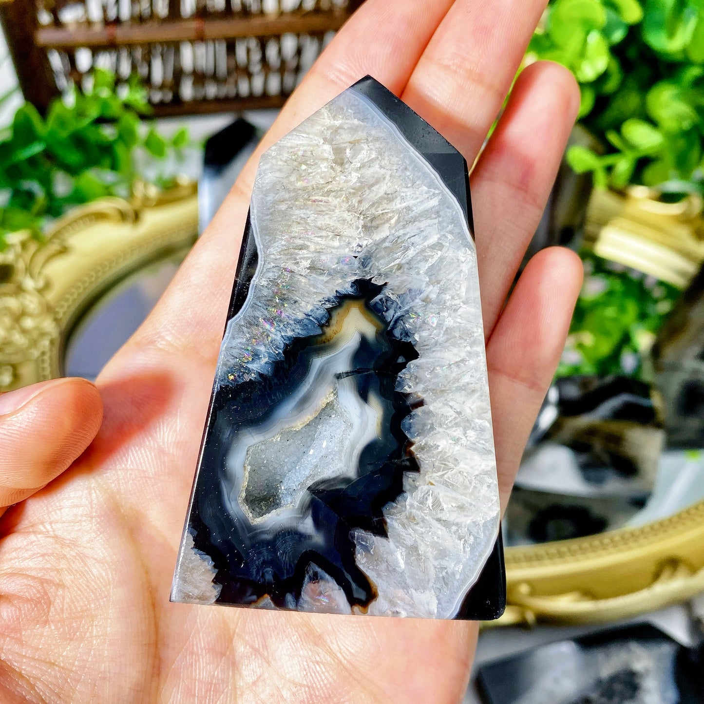 1PC Random High Quality Black Sardonyx Geode Agate Point,Natural Crystal Point,Home Decoration,Glitter,Christmas Gift