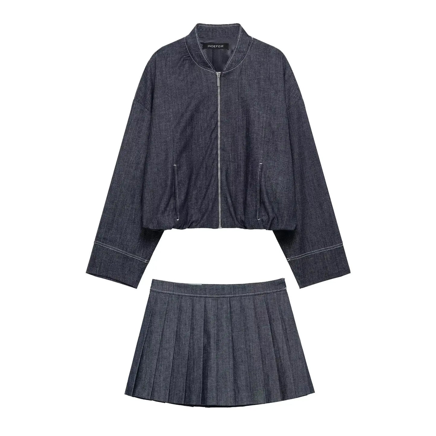 HH Women Fashion Denim Jacket Skirts Sets O Neck Long Sleeve Zipper Coat High Waist Slim Mini Skirt Casual Female Streetwear