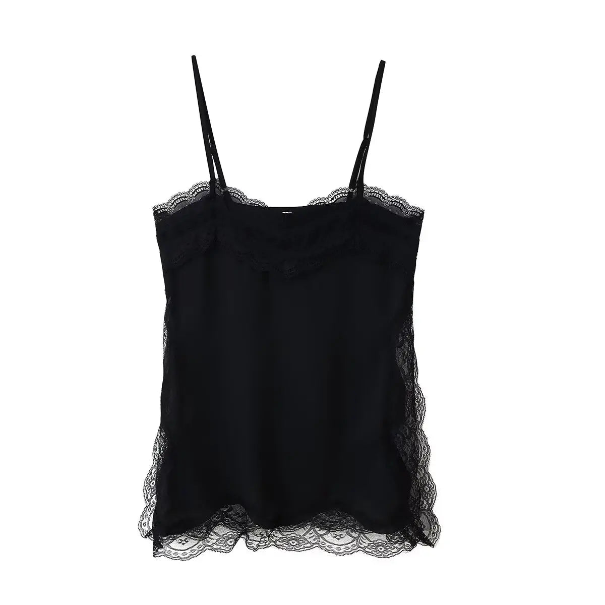 HH Female 2025 Summer Fashion V-neck Lace Spliced Split Sling Top Women Chic Sexy Backless Party Style Casual Camisole Top