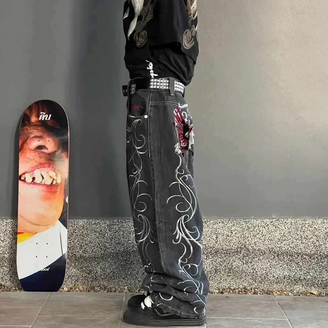 2024 Retro Street Hip Hop Casual Y2k New Women's Harajuku Fashion Embroidery Pattern Denim Trousers Straight Wide leg Pants Men