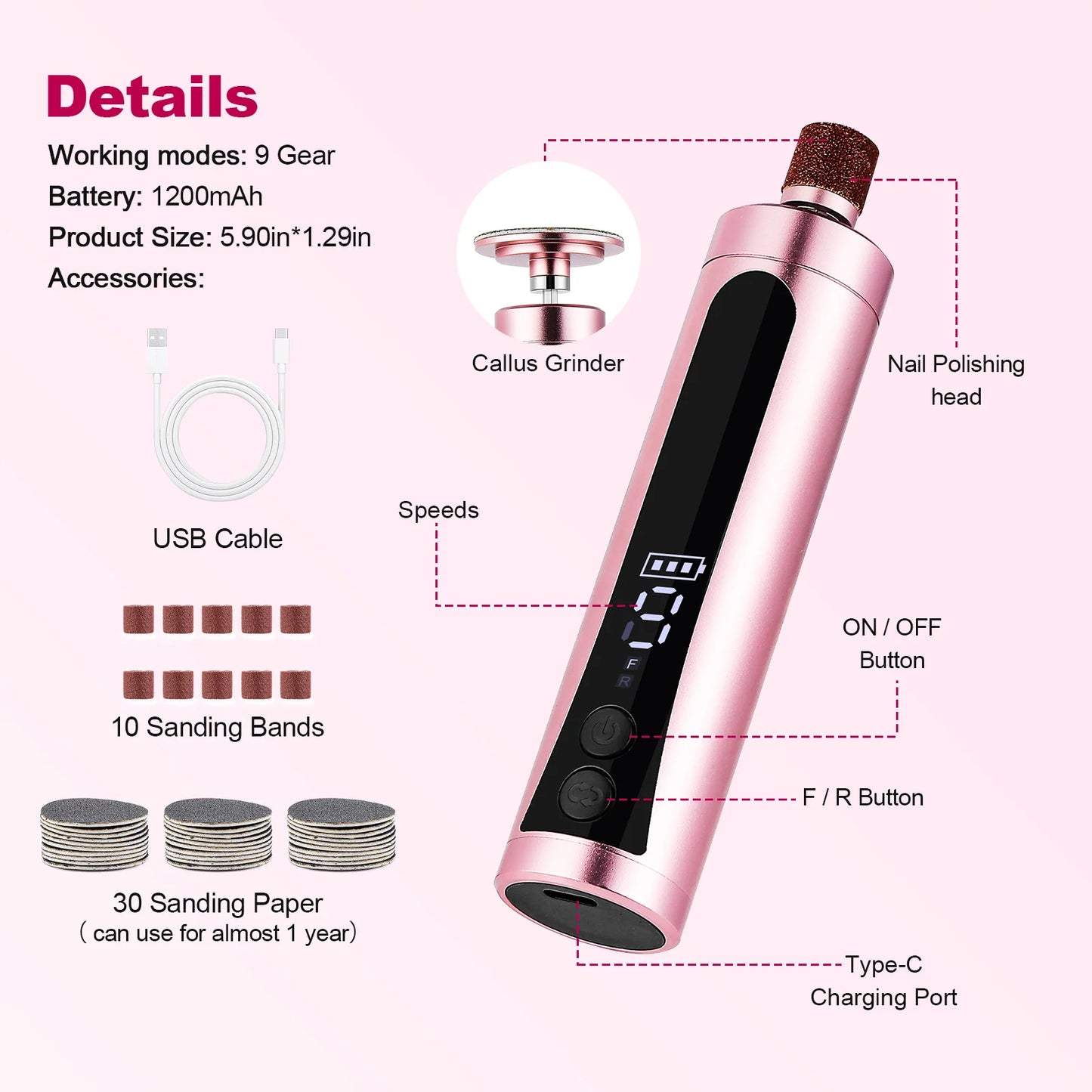 Electric Foot File Cuticle Callus Remover Machine Foot Dead Skin Electric Eliminator Pedicure Tools Heel Care Foot Grinder
