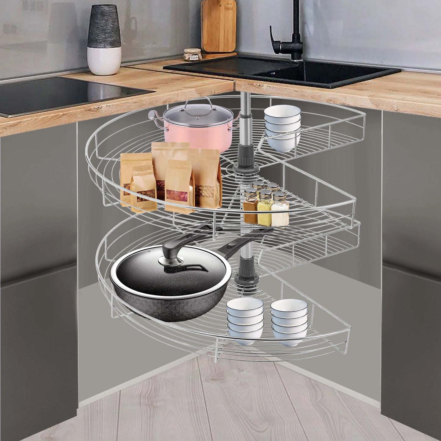 56.5-79cm Rotating Storage Shelves Rack, 2-Tier Removable Basket Shelf Organizer, Rotating Kitchen Shelf