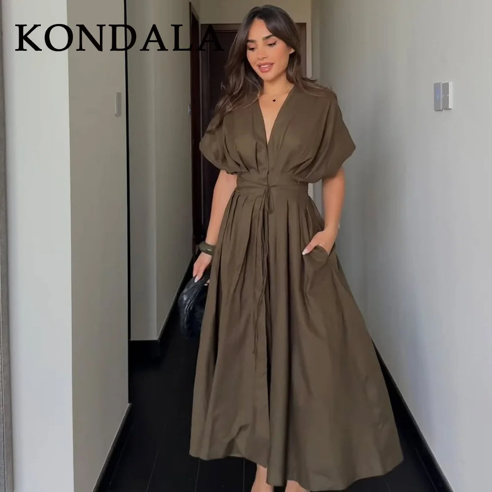 KONDALA 2025 Fall Winter Vintage Women Dresses Fashion Single Breasted Sashes Draped V Neck Sleeveless Chic Brown Ladies Dresses