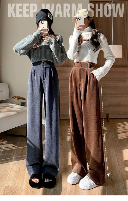 Ins Trendy Women Korean High Street Wide Leg Trouser Autumn/winter Thick Warm Women's Pant Fashion Corduroy Loose Button Trouser