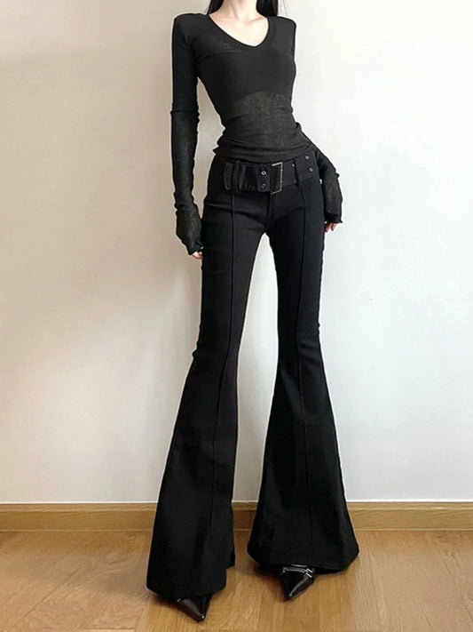 Women's Black Flare Pants Y2k Retro Emo 2000s Streetwear Fashion Trousers Harajuku Wide Yoga Pants 90s Aesthetic Clothes