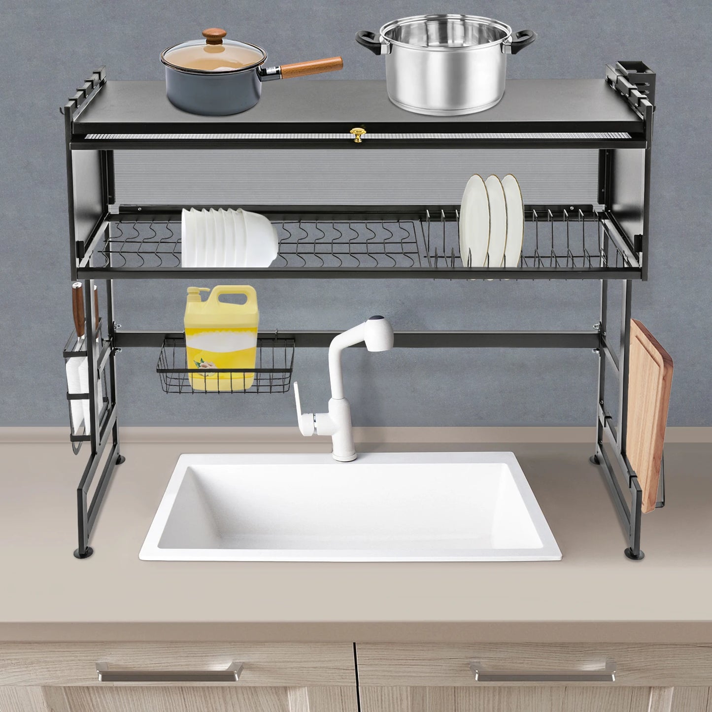 92cm Dish Drying Rack & Drainboard Organizer for Kitchen Plates, Over Sink Countertop, Cutlery Storage  With cabinet door