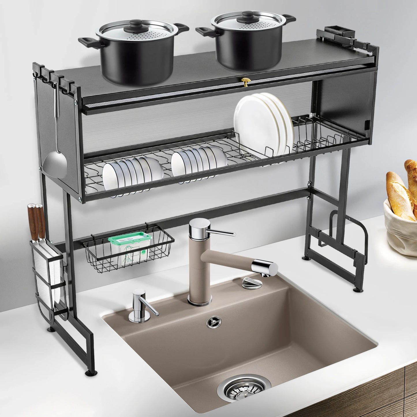 92cm Dish Drying Rack & Drainboard Organizer for Kitchen Plates, Over Sink Countertop, Cutlery Storage  With cabinet door