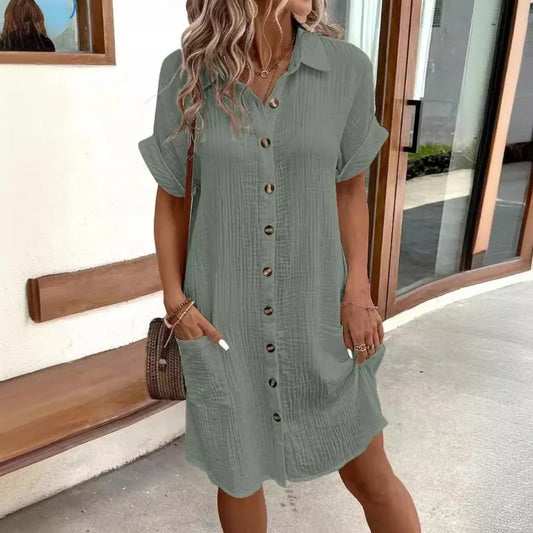 Women's Fashion Summer Minimalist V-neck Button Up Dress Woman Cotton Linen White Short Sleeved Pocket Casual Loose Shirt Dress
