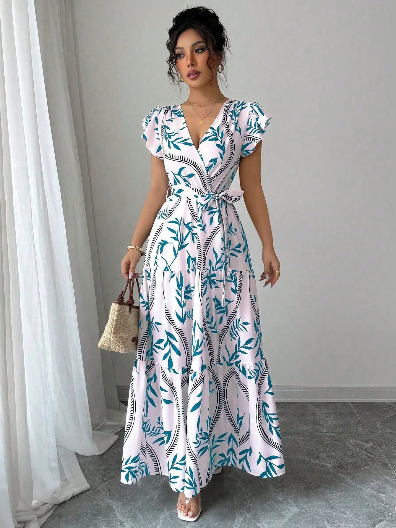 Women Print V Neck Butterfly Sleeve High Waist Lace-up Pleated Dress Elegant Fashion Holiday Beach Party Long Dresses Vestidos
