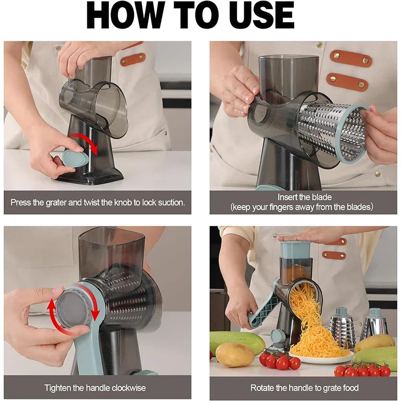 3-in-1 Rotary Cheese/Vegetable Grater & Nut Grinder, Manual Kitchen Slicer with Clear Container for Peanut/Food Prep