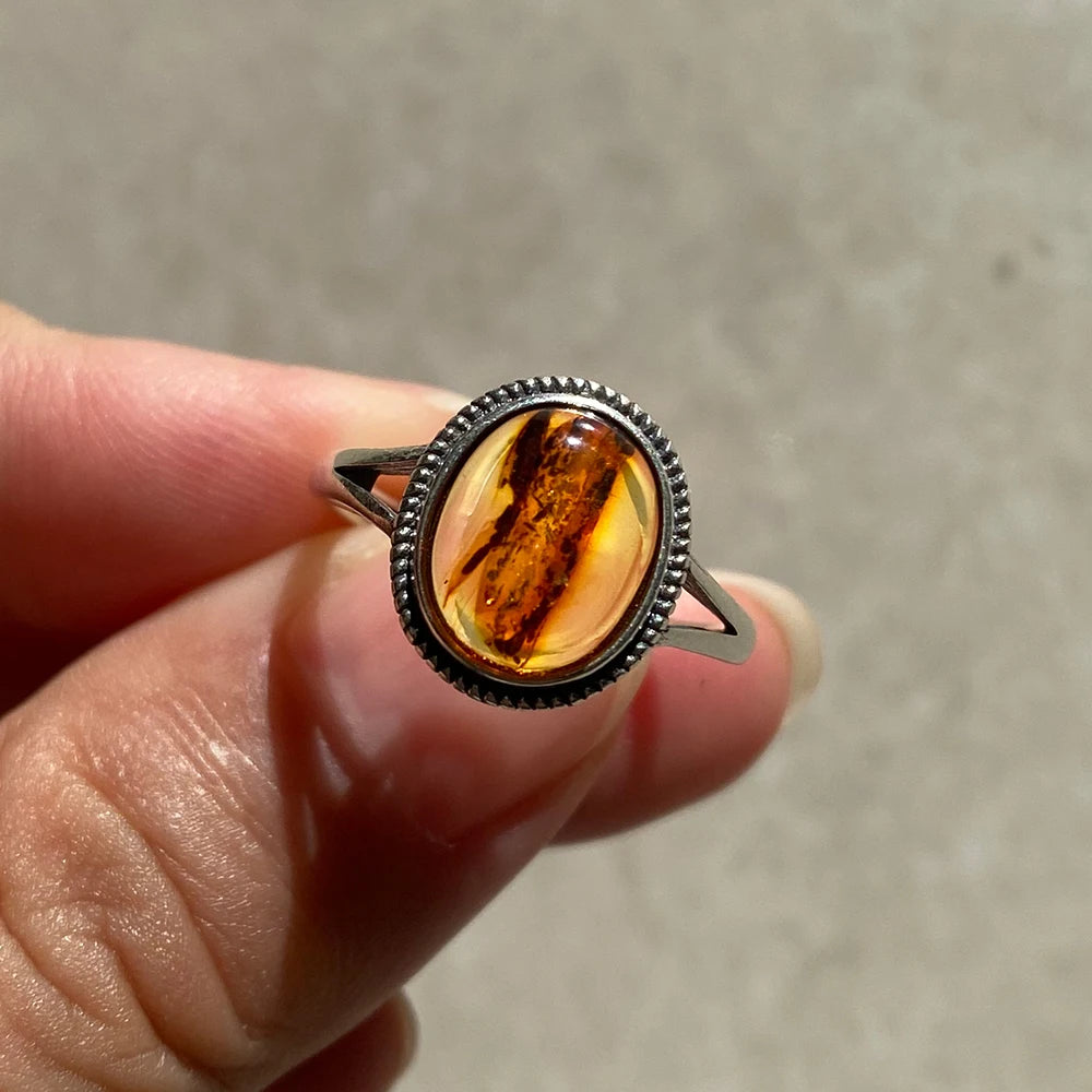 925 Silver Amber Man Ring Natural Amber Jewelry, Organic Gemstone with Inclusions, Handmade Vintage Resin Fossil Ring for Women