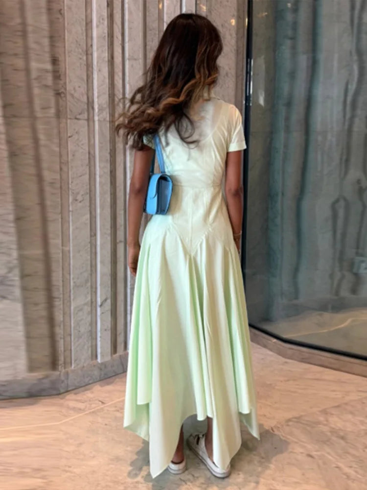 Fashion Women's Shirt Style Dress Turn-Down Collar Short Sleeve Solid Lady Dresses Irregular 2025 Summer Elegant Female Robe