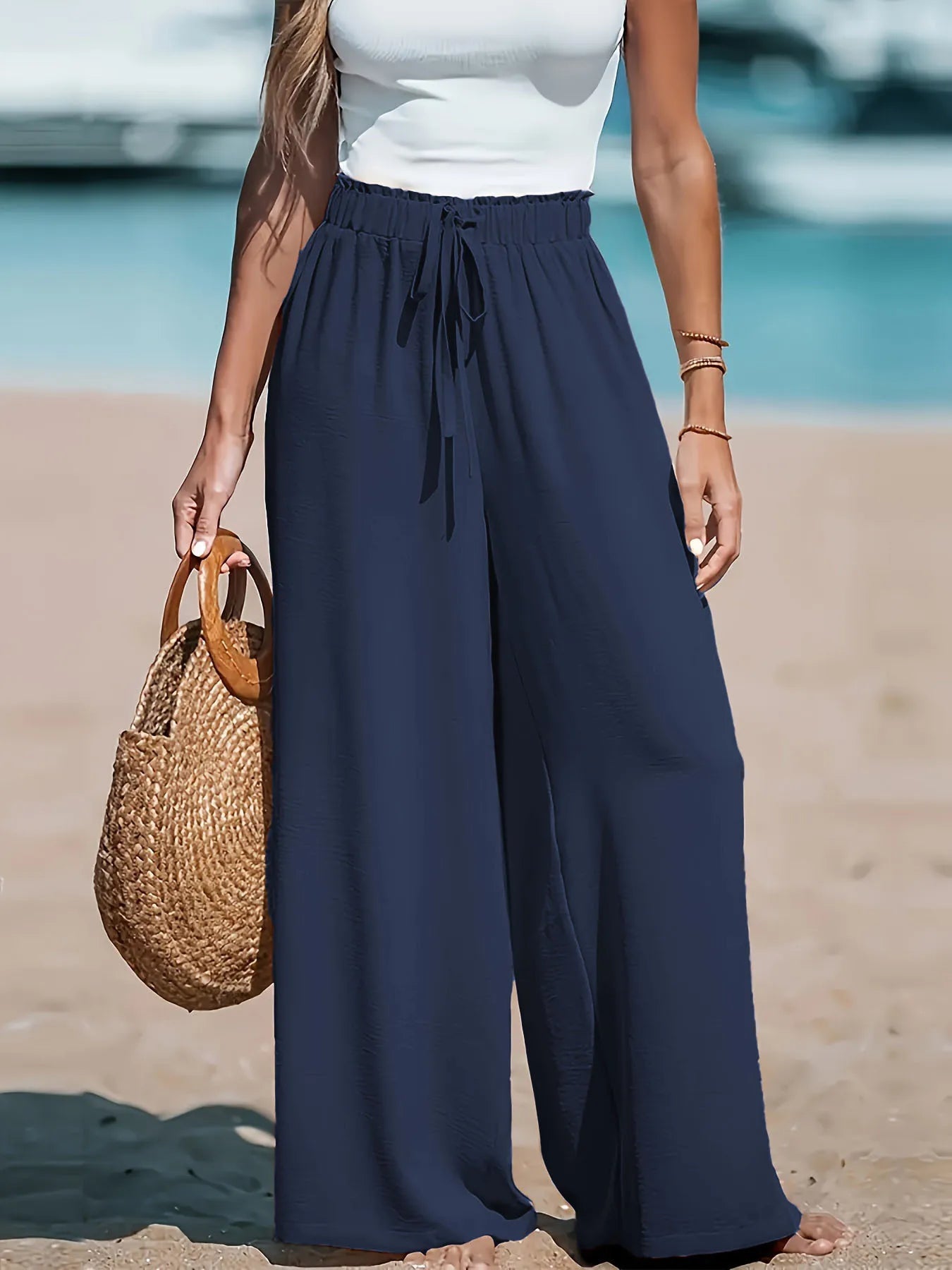 2025 Cross border Women's Four Seasons Wide Leg Loose Drawstring Casual Fashion Pants