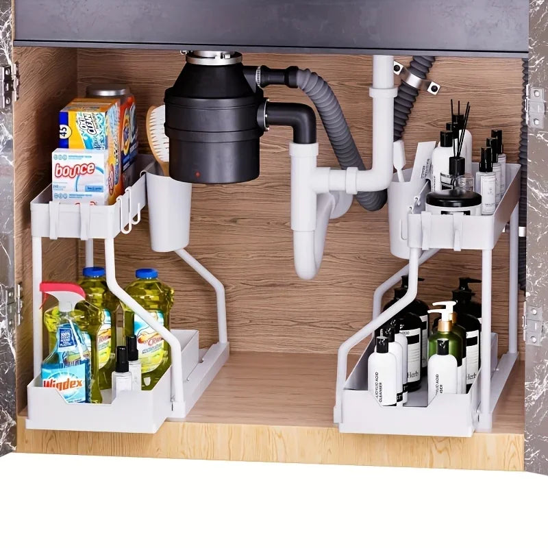 Space Saving 2 Tier Pull Out Storage Box Durable Large Capacity Kitchen Bathroom Essential Drawer Organizer bathroom accessories