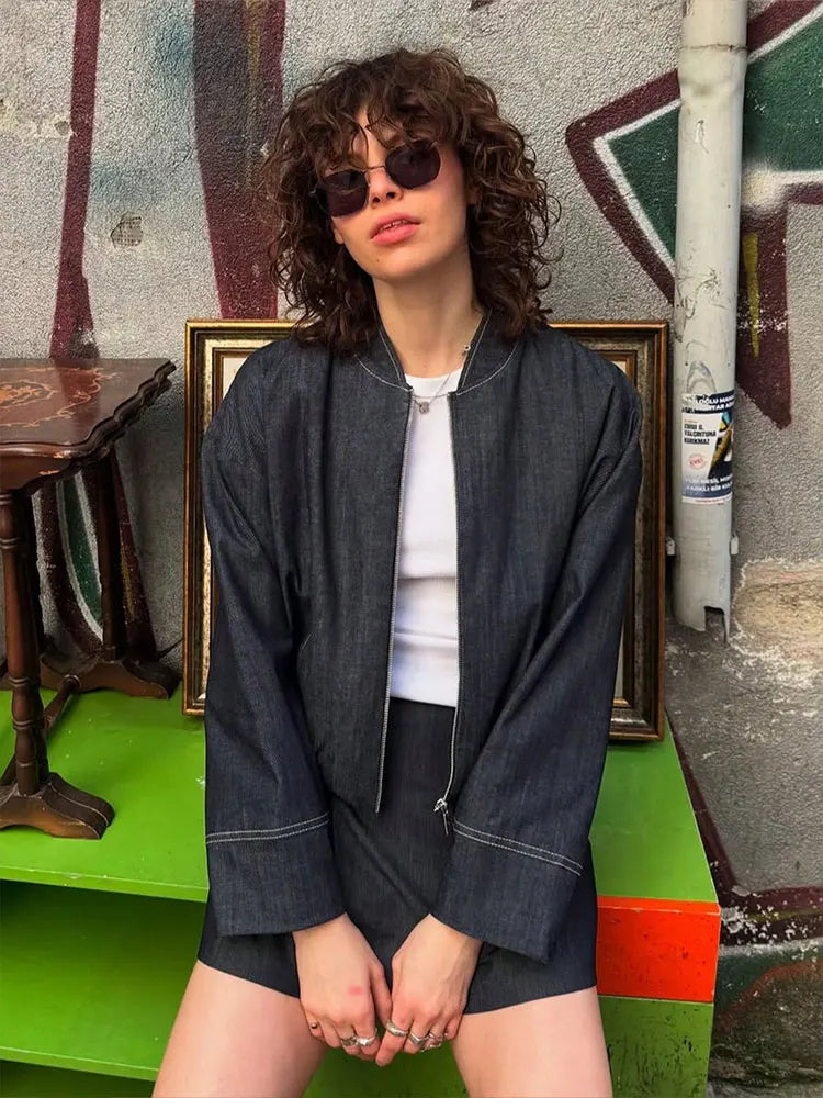 HH Women Fashion Denim Jacket Skirts Sets O Neck Long Sleeve Zipper Coat High Waist Slim Mini Skirt Casual Female Streetwear