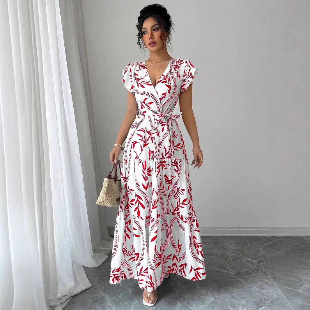 Women Print V Neck Butterfly Sleeve High Waist Lace-up Pleated Dress Elegant Fashion Holiday Beach Party Long Dresses Vestidos