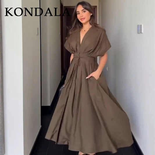 KONDALA 2025 Fall Winter Vintage Women Dresses Fashion Single Breasted Sashes Draped V Neck Sleeveless Chic Brown Ladies Dresses