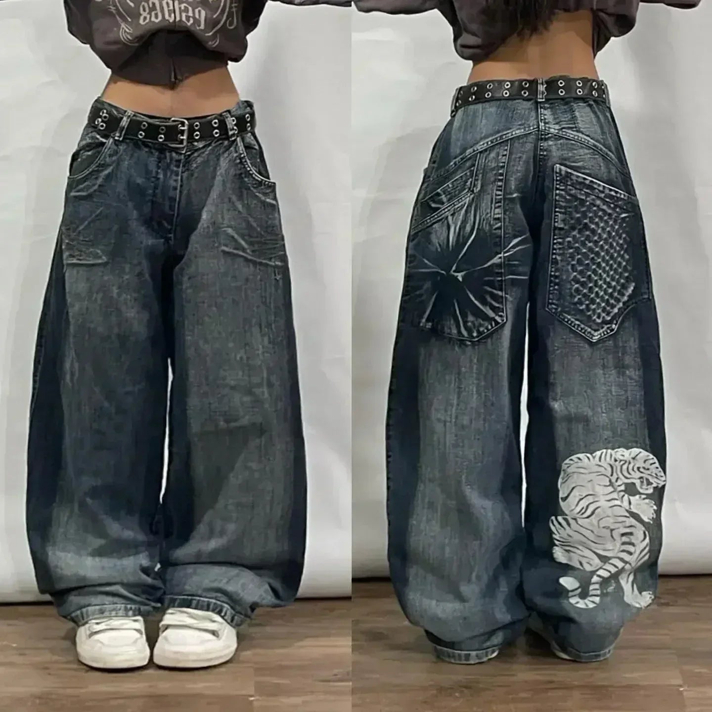 2024 Retro Street Hip Hop Casual Y2k New Women's Harajuku Fashion Embroidery Pattern Denim Trousers Straight Wide leg Pants Men