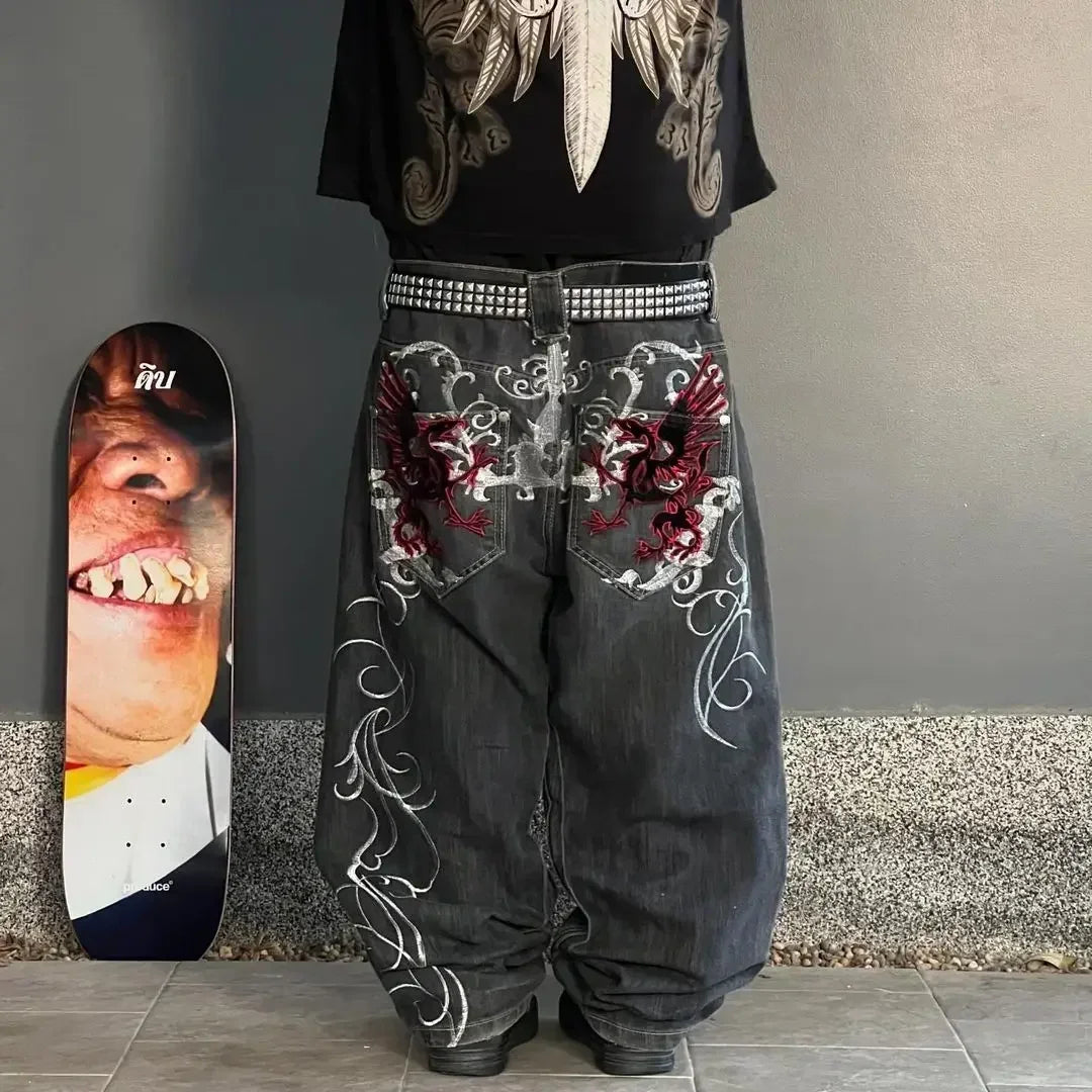 2024 Retro Street Hip Hop Casual Y2k New Women's Harajuku Fashion Embroidery Pattern Denim Trousers Straight Wide leg Pants Men